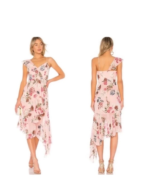 NICHOLAS Dresses & Skirts - NICHOLAS Pink Floral One-Shoulder Asymmetric Midi Dress
